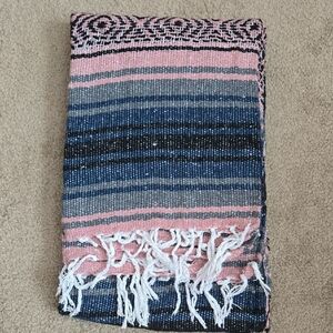 Pink and Blue Striped Blanket with Fringe